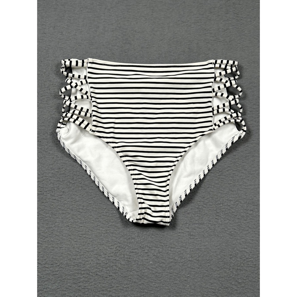 Hollister Swim Bottoms Womens S Black White Striped High Waisted Lattice Strappy